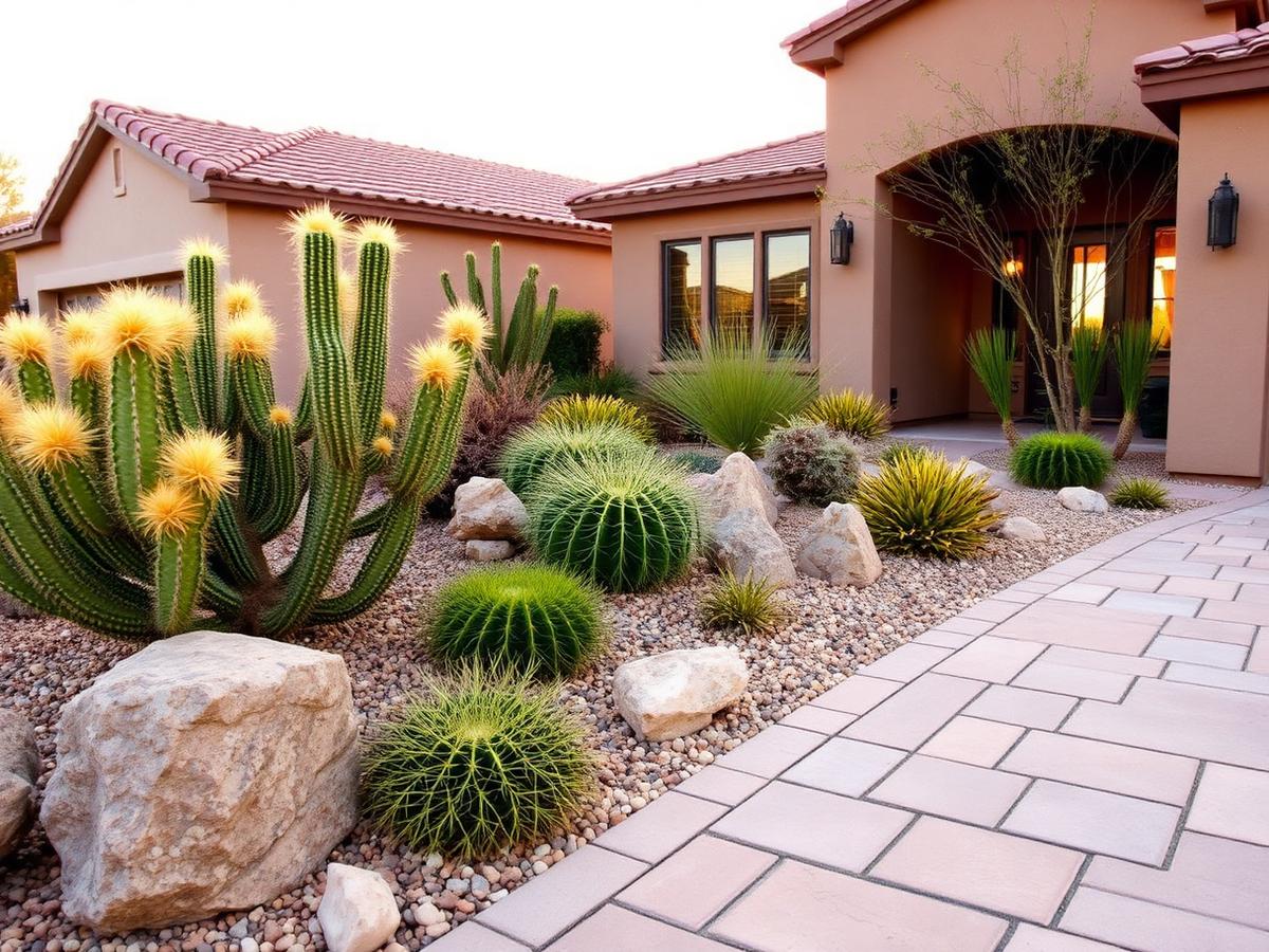 Front yard xeriscape with flagstone walkway, cacti and boulders