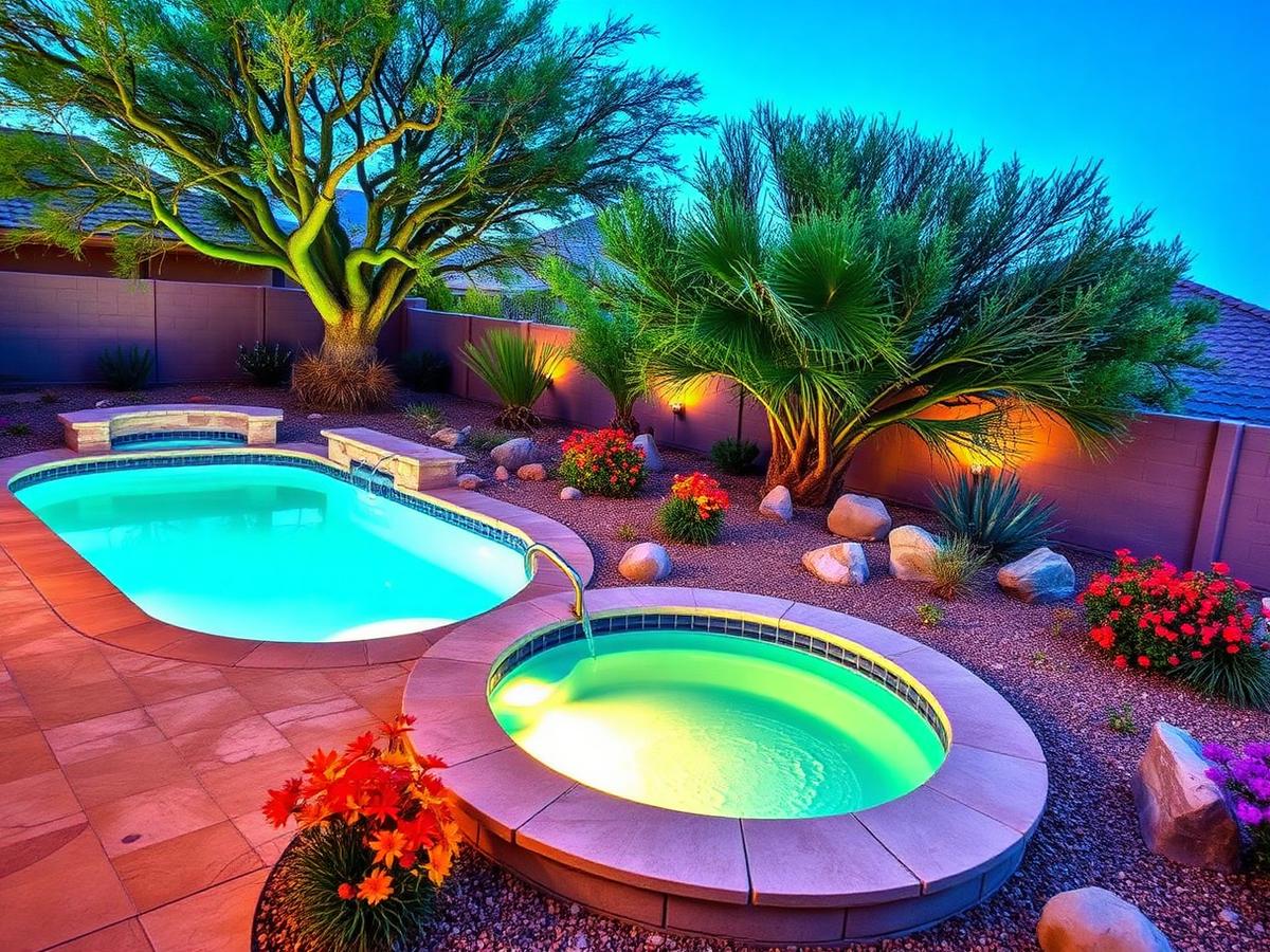 Backyard desert oasis with turquoise plunge pool and lit palo verde trees