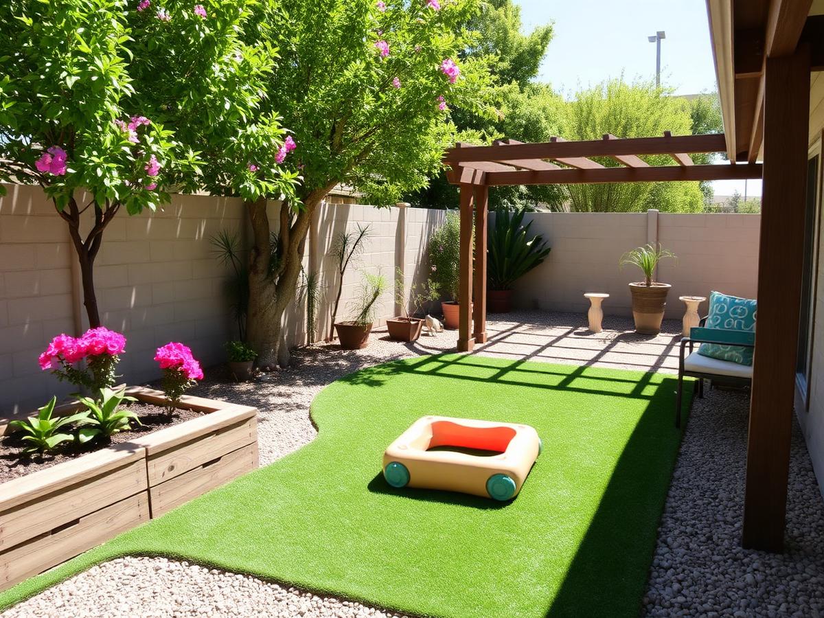 Small Phoenix backyard with turf play area, planter beds and pergola seating